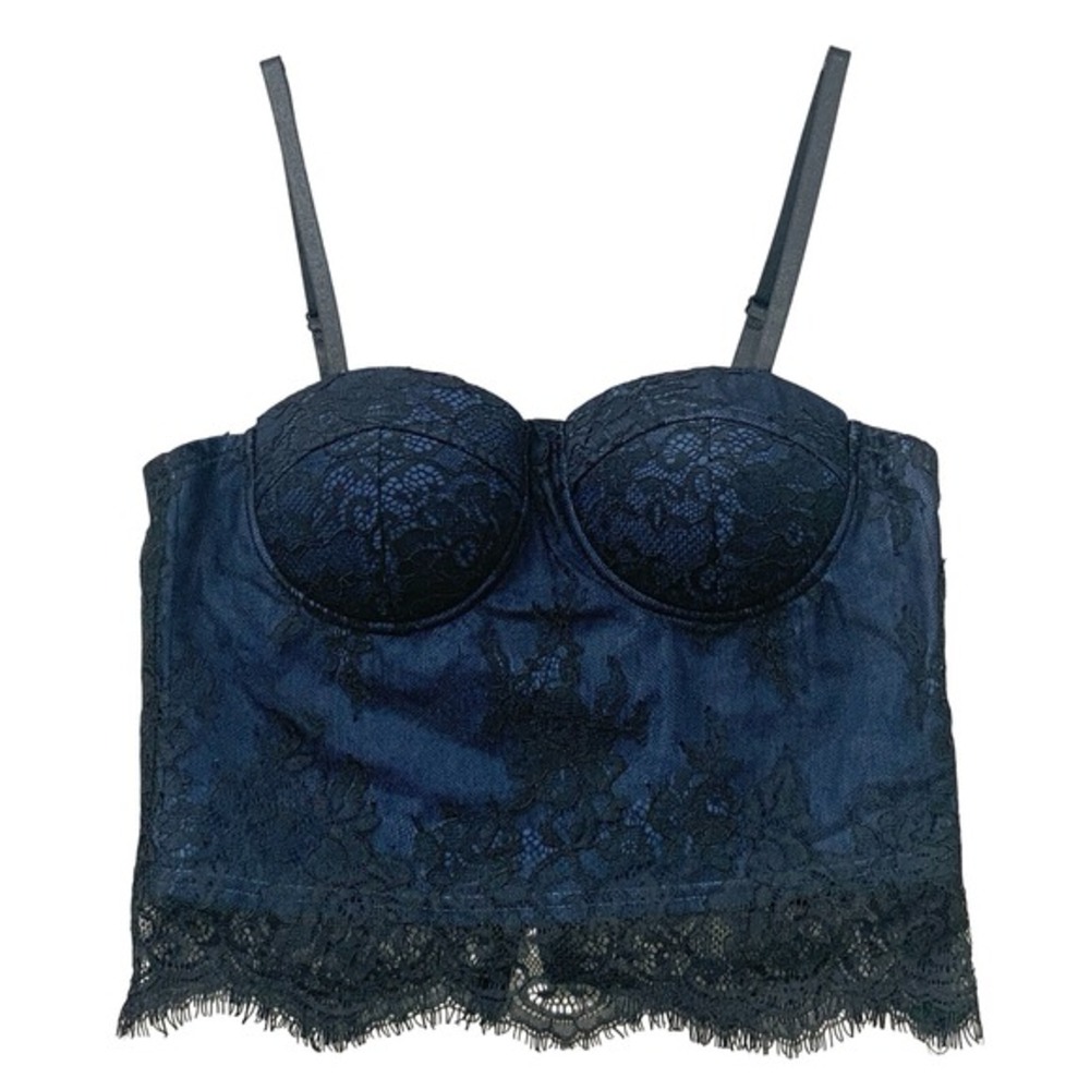Lace Bustier Top Navy Blue Floral black lace overlay Lingerie Corset Style Crop